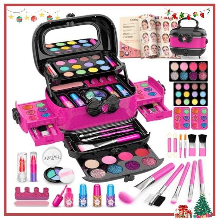 Hollyhi 58 Pcs Kids Makeup Kit for Girl, Princess Toys Real Washable Cosmetic Set with Mirror, Kids Makeup Sets for Girls, Play Make Up Birthday Gifts