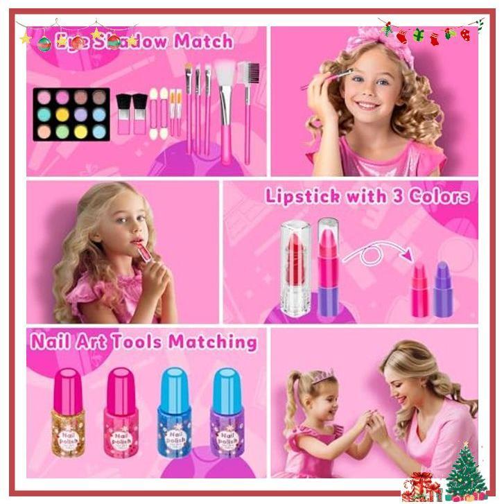 Hollyhi 58 Pcs Kids Makeup Kit for Girl, Princess Toys Real Washable Cosmetic Set with Mirror, Kids Makeup Sets for Girls, Play Make Up Birthday Gifts