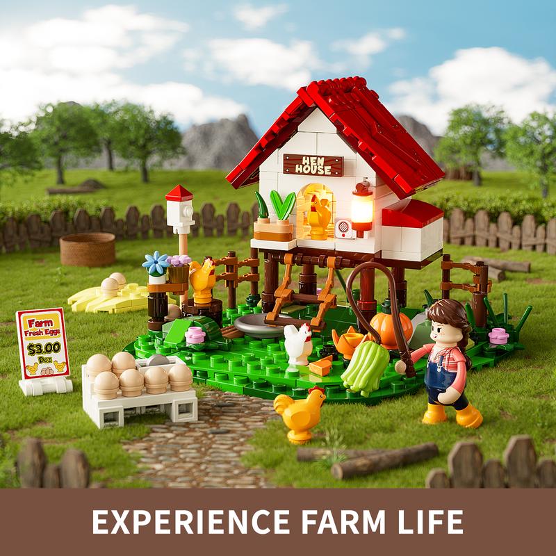 Funwhole The Hen House Lighting Building-Bricks Set -  Farm Life  Series Collectible Display Toys Gift Set 323 Pcs for Boys and Girls