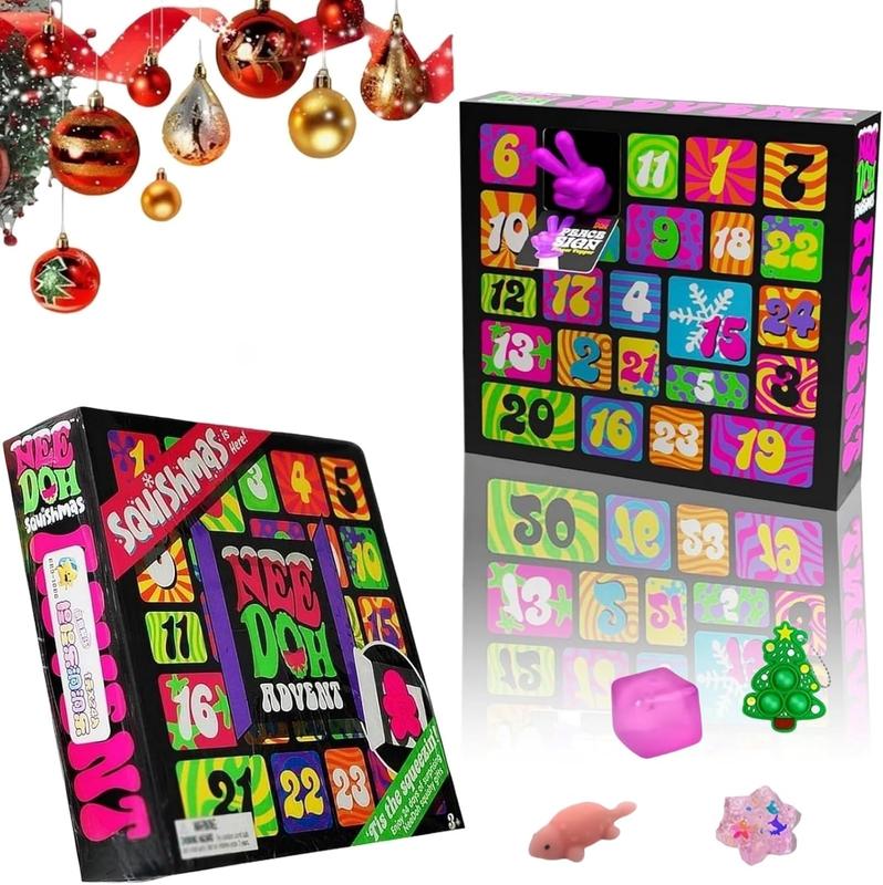 Nee Doh 2024 Advent Calendar – 24 Mini Squishy Toys for Kids, Fun Countdown with Vibrant Animal Designs – Perfect Christmas, Birthday & Party Favors