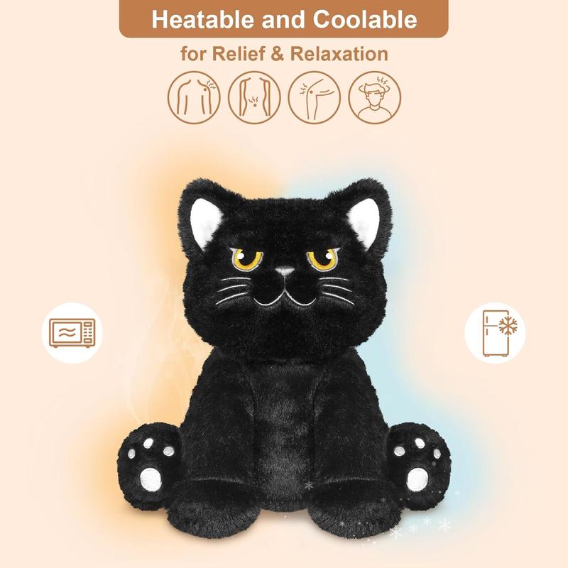 Irritable black cat stuffed with lavender scent, heated stuffed animal for cramps and pain, plush warm stuffed black cat hugged before bedtime, stress relieving gift for cats