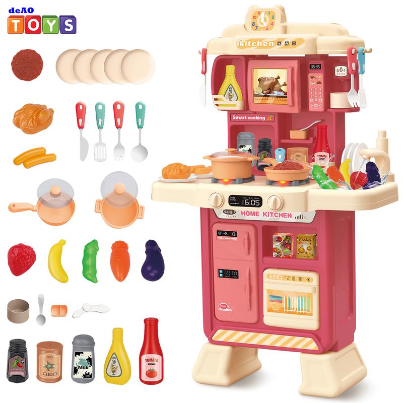 deAO Kitchen Playset Toy with Sounds and Lights Role Playing Game Pretend Food and Cooking Playset,35 PCS Kitchen Accessories Set