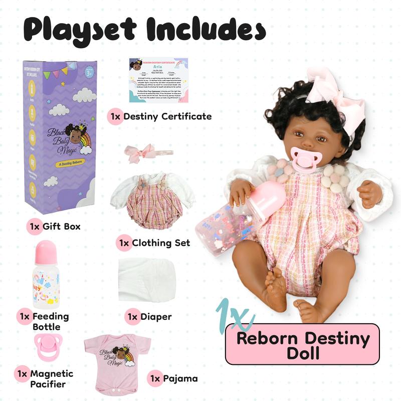 Black Baby Magic Reborn Destiny Doll w Accessories, 6 Piece Gift Set Playset, Realistic Soft Body, Lifelike 17 Inch Newborn Babies, Curly Natural Hair, Black, African American Girl (Aria)