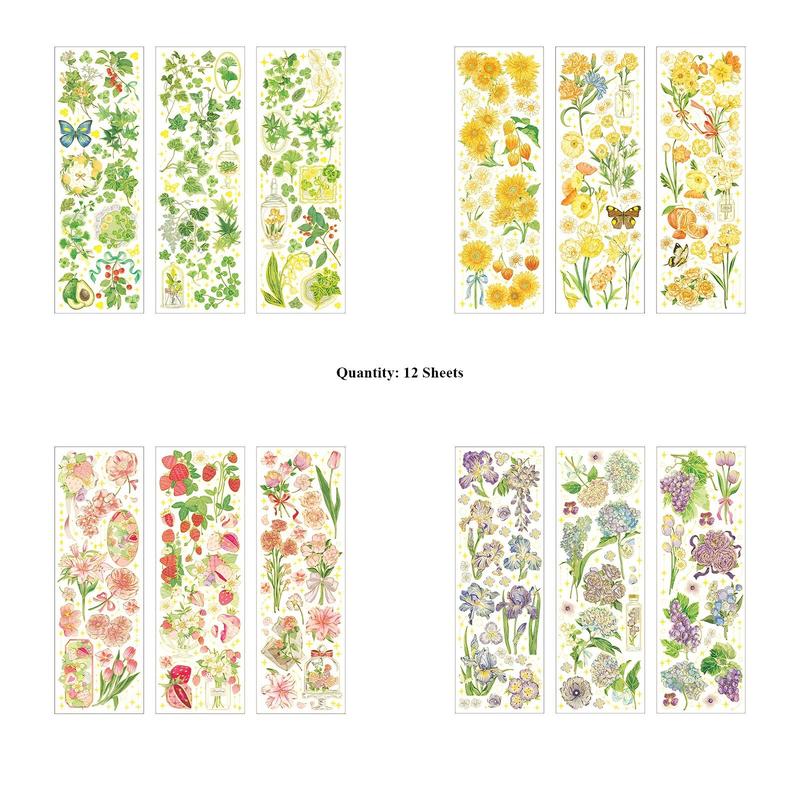 12sheets Retro Floral Pattern Stickers, Waterproof Self-adhesive Transparent Stickers, Office Supplies For Scrapbooking & Photo Albums & Calendars