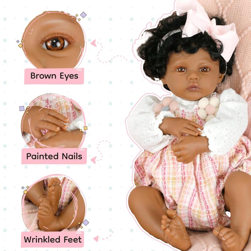 Black Baby Magic Reborn Destiny Doll w Accessories, 6 Piece Gift Set Playset, Realistic Soft Body, Lifelike 17 Inch Newborn Babies, Curly Natural Hair, Black, African American Girl (Aria)