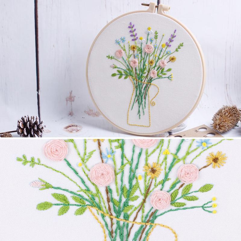 Floral Pattern Embroidery Kit, DIY Embroidery Kit with 3 Counts Embroidery Fabric, DIY Embroidery Supplies for Beginner