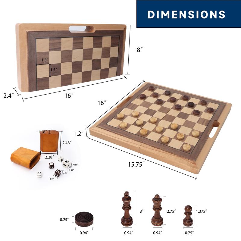 3-in-1 Travel Portable Wooden Folding Chess, Checkers and Backgammon Board Game Combo Set