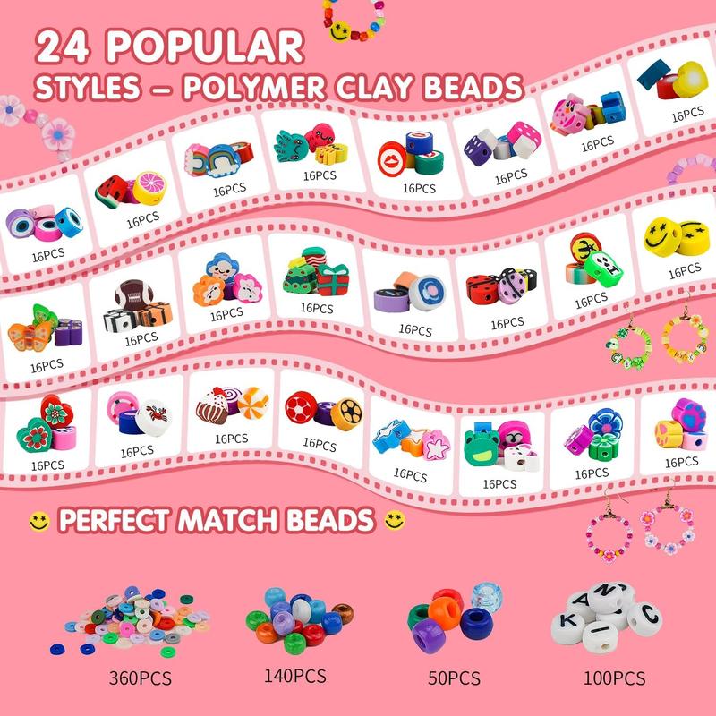 1000 count Polymer Clay Beads Bracelet Making kit, 30 Style Cute Fun Fruit Flower Rainbow Butterfly  Heart Star Beads Charms for  Necklace Making Christmas Gift for Girls Women