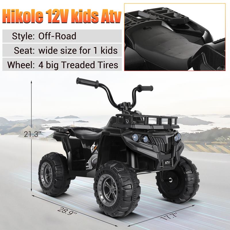 Hikole Ride-ons Toy Kids ATV, 12V Electric 4 Wheeler for Kids with Music Player, LED Lights, Seat Belt, Battery Powered Toddler Quad Ride on ATV