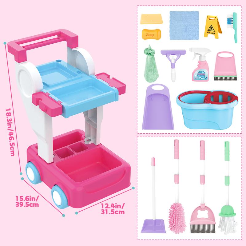 deAO Toy Cleaning Set – Play Housekeeping and Janitor Accessories Cart – Pretend Broom, Mop and Dustpan