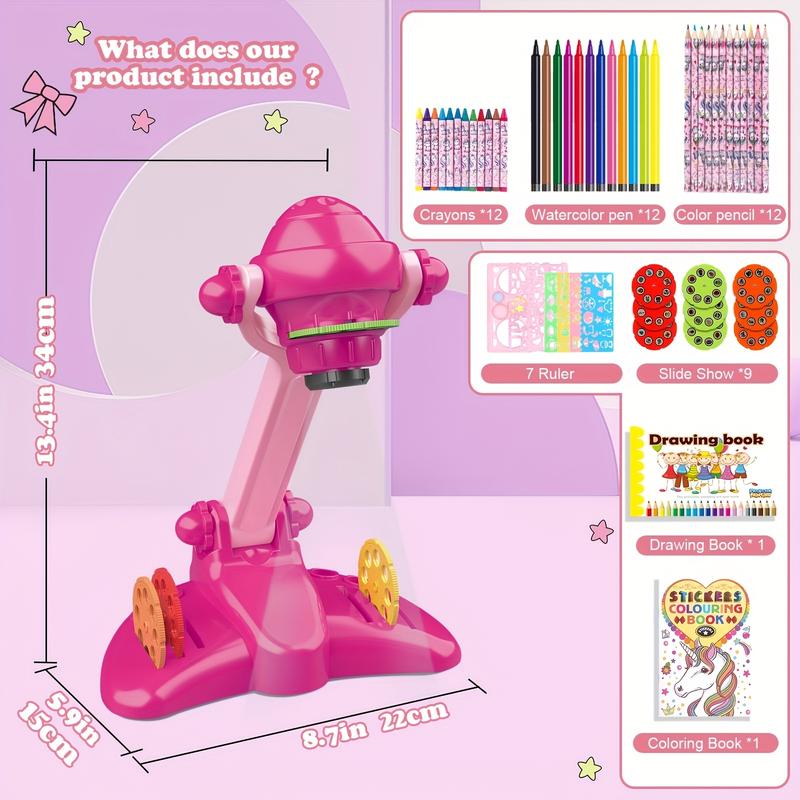 1 Set Kids Drawing Projector Kit, Pink Art and Craft Toy with 72 Patterns, Includes Colored Pencils, Crayons, Coloring Books, Stencils, Board Games