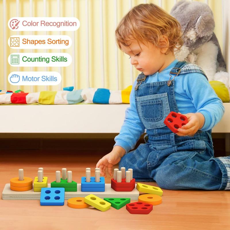 Montessori Toys for 1 to 3-Year-Old Boys Girls Toddlers, Wooden Sorting & Stacking Toys for Toddlers and Kids Preschool, Educational Toys, Color Recognition Shape Sorter, Learning Puzzles Gift