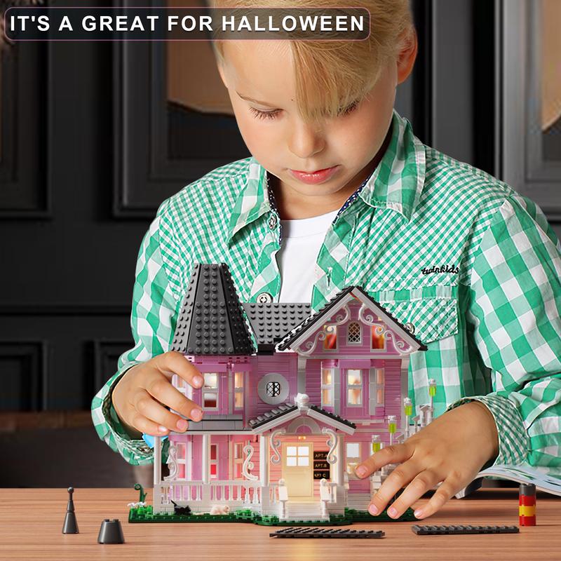 2024 Best Halloween Pink Mansion Building Blocks Set with LED Lighting, Piano Room, Kitchen, Attic, Bedroom, Living Room Included, Perfect Halloween & Christmas Toys and Gifts for Fans and Kids (1346 pcs)