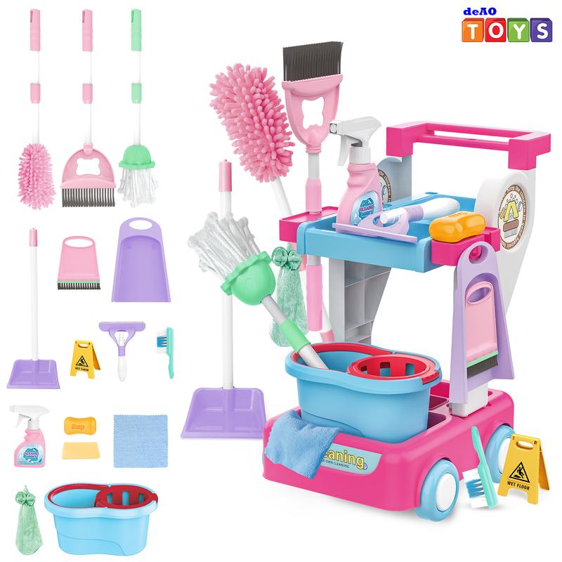 deAO Toy Cleaning Set – Play Housekeeping and Janitor Accessories Cart – Pretend Broom, Mop and Dustpan