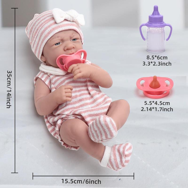 14 Inch Teenager Doll with Striped Print Outfit & Bottle & Pacifier, Realistic Newborn Doll, Pretend Play Toy for Kids, Birthday Gift