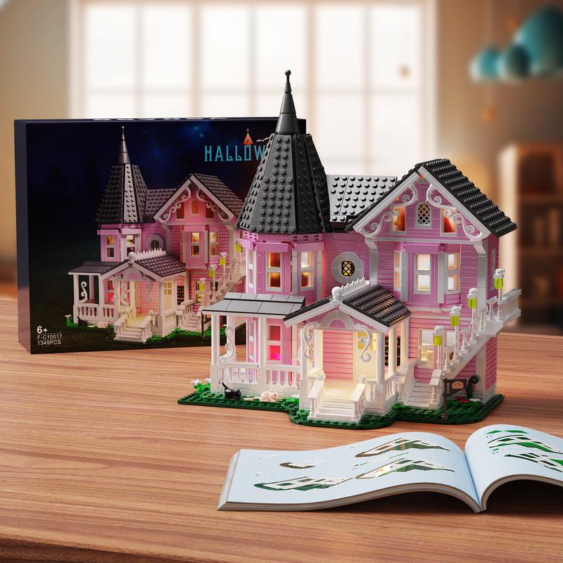 2024 Best Halloween Pink Mansion Building Blocks Set with LED Lighting, Piano Room, Kitchen, Attic, Bedroom, Living Room Included, Perfect Halloween & Christmas Toys and Gifts for Fans and Kids (1346 pcs)