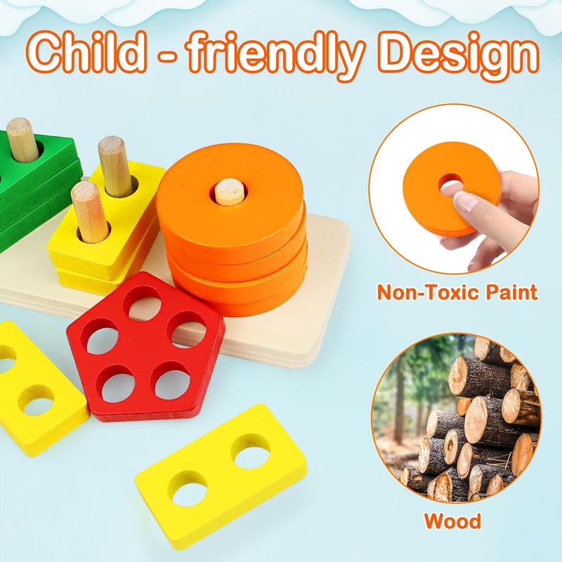 Montessori Toys for 1 to 3-Year-Old Boys Girls Toddlers, Wooden Sorting & Stacking Toys for Toddlers and Kids Preschool, Educational Toys, Color Recognition Shape Sorter, Learning Puzzles Gift