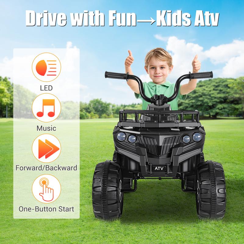 Hikole Ride-ons Toy Kids ATV, 12V Electric 4 Wheeler for Kids with Music Player, LED Lights, Seat Belt, Battery Powered Toddler Quad Ride on ATV