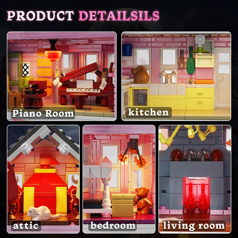 2024 Best Halloween Pink Mansion Building Blocks Set with LED Lighting, Piano Room, Kitchen, Attic, Bedroom, Living Room Included, Perfect Halloween & Christmas Toys and Gifts for Fans and Kids (1346 pcs)