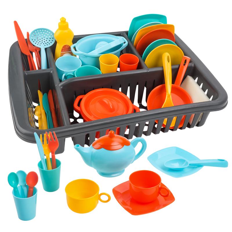 deAO 41PCS Play Dishes Pretend Play Kitchen Set Tableware Dishes Playset with Drainer