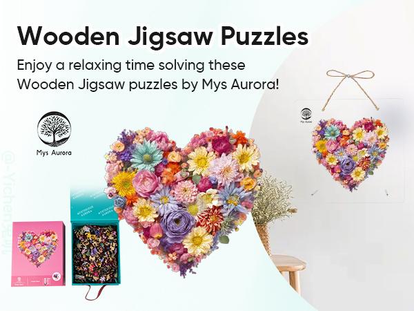 Flower Heart Mys Aurora Wooden Jigsaw Puzzle for Kids and Adults 200 Pcs Unique Shape Nice Box Packing Fun Challenging Brain Exercise Family Game Creative Gift for Friends Parents Grandparents Multicoloured