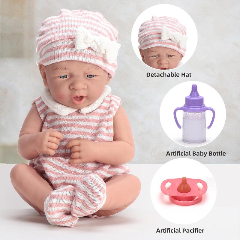 14 Inch Teenager Doll with Striped Print Outfit & Bottle & Pacifier, Realistic Newborn Doll, Pretend Play Toy for Kids, Birthday Gift