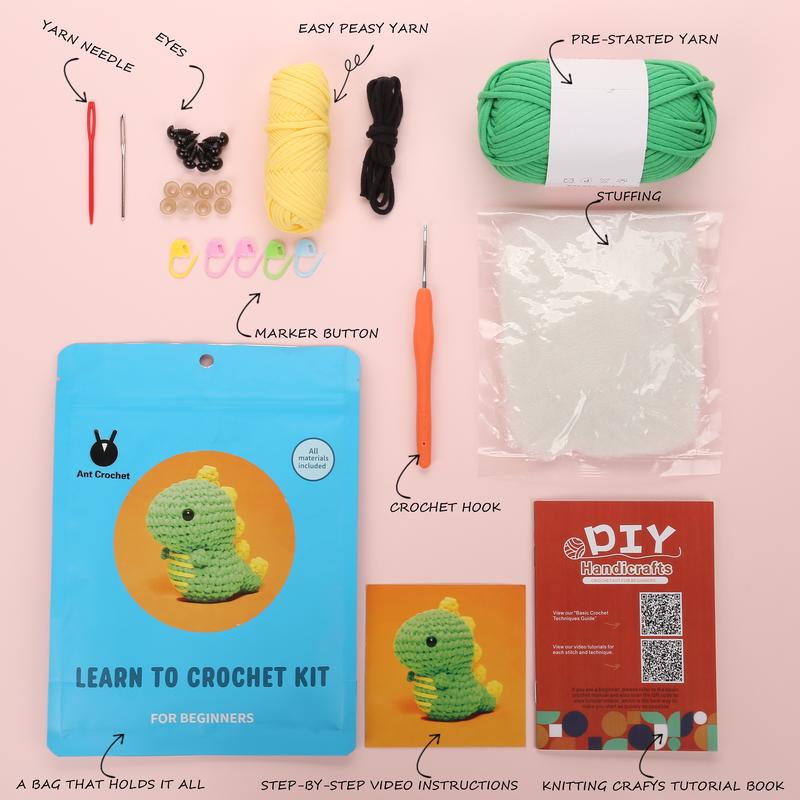 Crochet Kit for Beginners, Dinosaur Crochet Kit, Include Easy Knitting Soft Yarn, With Step-by-Step Video Tutorial, Beginner Crochet Kit for Adults and Kids, Holiday Birthday Gift for Adults and Kids, Crochet Fashion ideas, Diy Crochet