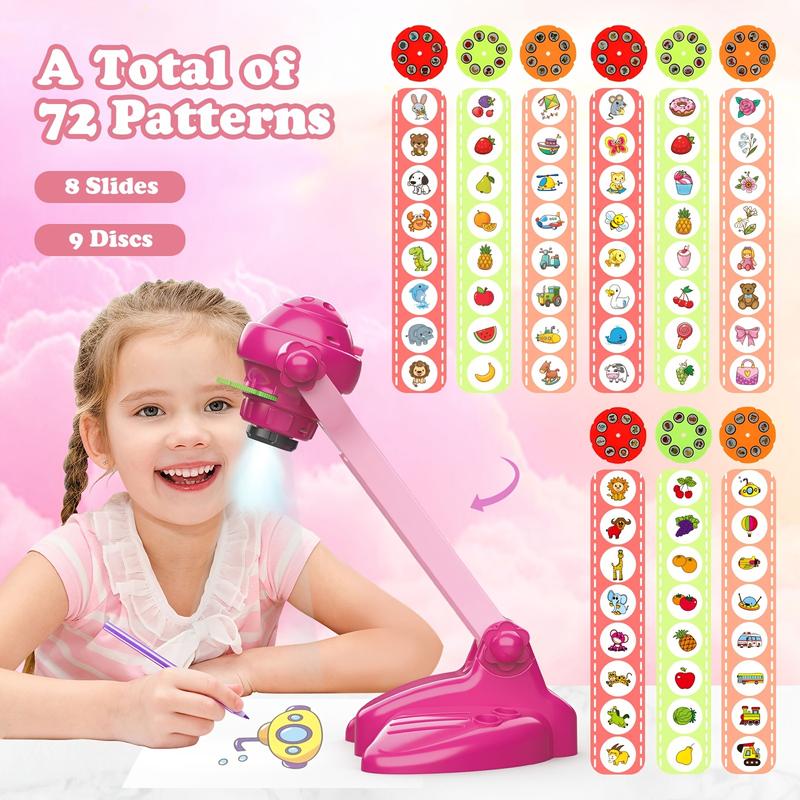 1 Set Kids Drawing Projector Kit, Pink Art and Craft Toy with 72 Patterns, Includes Colored Pencils, Crayons, Coloring Books, Stencils, Board Games