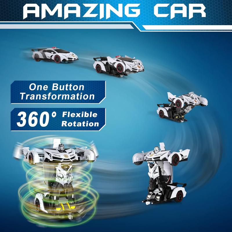 Remote Control Car - Transform Toys Car Robot, One Button Deformation to Robot with Flashing Light,360 Degree Rotating, Girls Boys Toys 2.4Ghz 1:18 Scale Transforming Police Car Kids Toys with