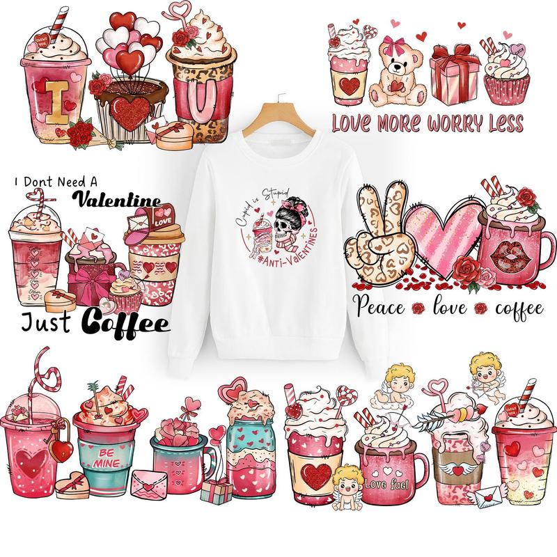 Valentine's Day Themed Coffee Cup Pattern Embossing Sticker, 7 Counts set DIY Heat Transfer Sticker, DIY Decorative Sticker for T-shirt, Jeans, Backpack, Hat, Christmas Gift