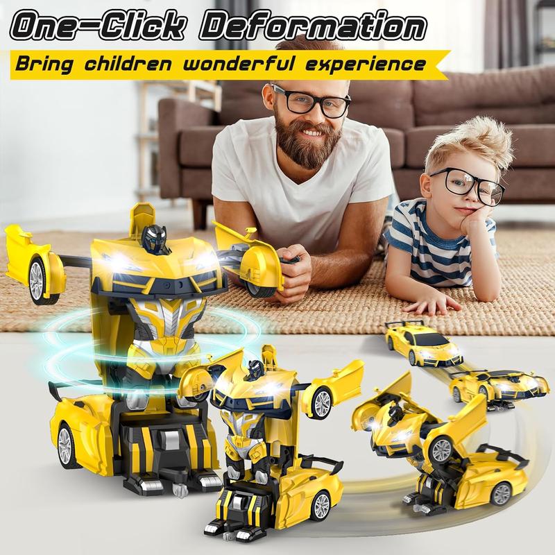 Remote Control CarTransform Robot RC Cars with Cool LED Headlights, 2.4Ghz Toys Car with 360 Degree Rotation and One-Button Deformation, Christmas Birthday Gifts for Boys Girls(Yellow)