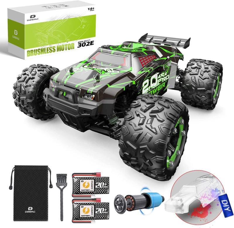 DEERC Brushless 302E RC Cars, Upgraded 60KM H High Speed Remote Control Car, 4WD 1:18 Scale All Terrain Off Road Monster Truck with DIY Extra Shell, 2 Battery 40 Min Car Toy