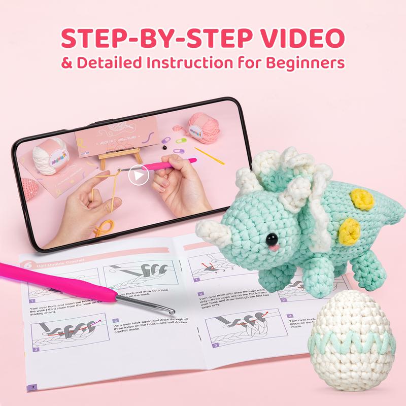 MeWaii Crochet Kit for Beginners, Complete DIY Crochet Kit Triceratops Animals with 40%+ Pre-Started Tape Yarn Step-by-Step Video Tutorials, Birthday Gifts Halloween Christmas Gift for Girls Boys