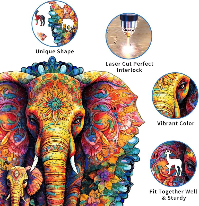 Wooden Puzzles for Adults, Mandala Elephant (L-280pcs) Wooden Jigsaw Puzzles Kids, 12.2*11.8in Unique Shaped Animal Wood Puzzles Adults, Wooden Animal Puzzle Birthday Gift Family Puzzles Game