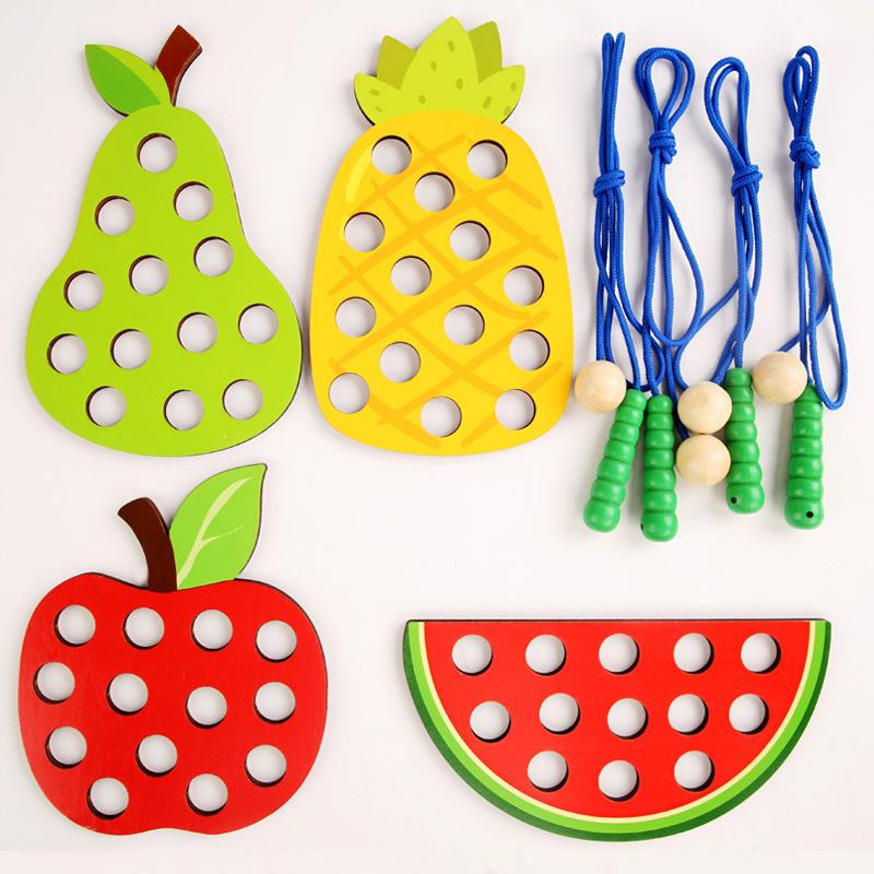 4 Pack Wooden Lacing Toy,Educational Threading Activity Puzzles,Learning Fine Motor Skill Travel Toy,Wooden Fruit Threading Set for Boys and Girls, 1 Apple,1 Watermelon,1 Pineapple,1 Pear