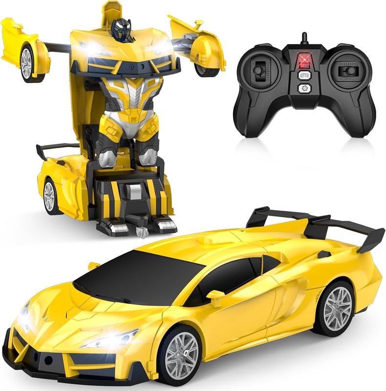 Remote Control CarTransform Robot RC Cars with Cool LED Headlights, 2.4Ghz Toys Car with 360 Degree Rotation and One-Button Deformation, Christmas Birthday Gifts for Boys Girls(Yellow)