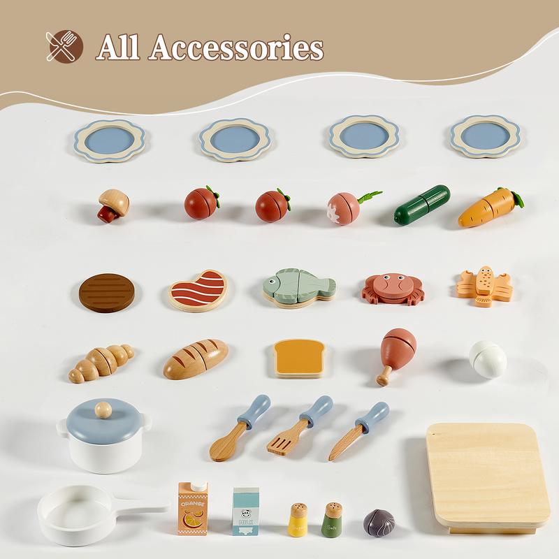 Joylike Wooden Cutey Play Kitchen Toys for Kids, With wooden kitchen utensils