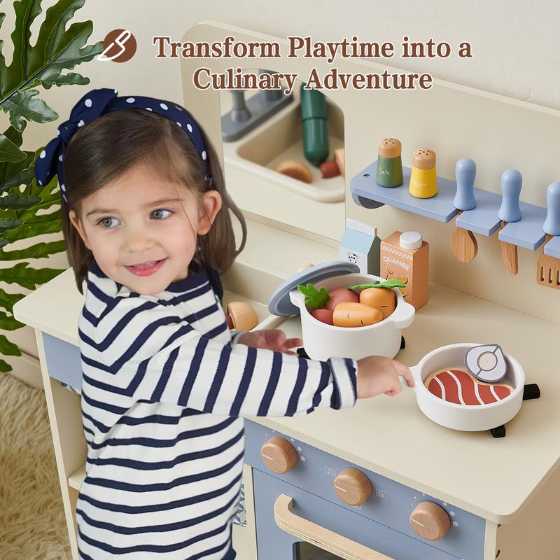 Joylike Wooden Cutey Play Kitchen Toys for Kids, With wooden kitchen utensils