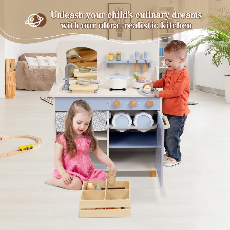 Joylike Wooden Cutey Play Kitchen Toys for Kids, With wooden kitchen utensils