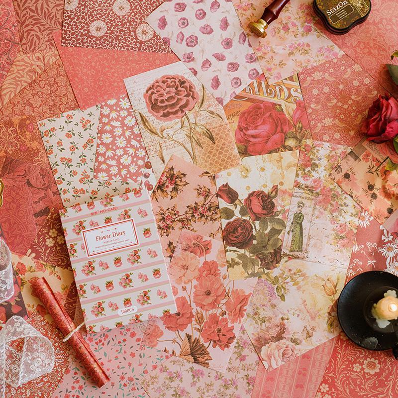 Vintage Flower Pattern Material Paper (100pcs set), Scrapbooking & Stamping Paper, DIY Decorative Paper for Scrapbooking & Journal Making