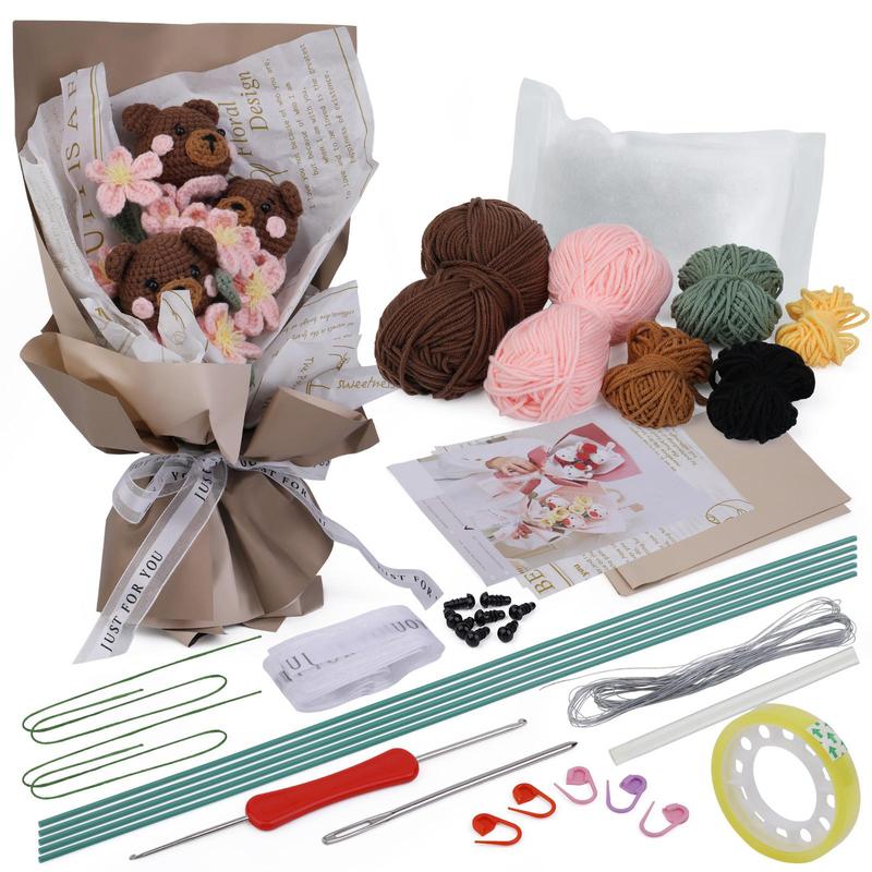 Bear Flower Bouquet Crochet Kit, 1 Set DIY Knitting Flower Bouquet Kit, Crochet Flower Bouquet Kit with Step-by-Step Video Tutorials, DIY Handmade Flower Bouquet Kit for Teenager & Adults