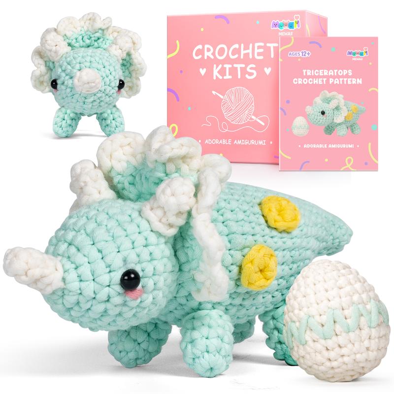 MeWaii Crochet Kit for Beginners, Complete DIY Crochet Kit Triceratops Animals with 40%+ Pre-Started Tape Yarn Step-by-Step Video Tutorials, Birthday Gifts Halloween Christmas Gift for Girls Boys