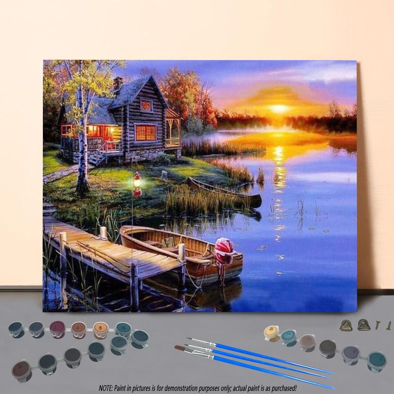 Sunset River Landscape Pattern Paint By Number, 1 Set DIY Digital Oil Painting Kit on Canvas with Brush and Acrylic Pigment, Home Wall Decor (Frameless)