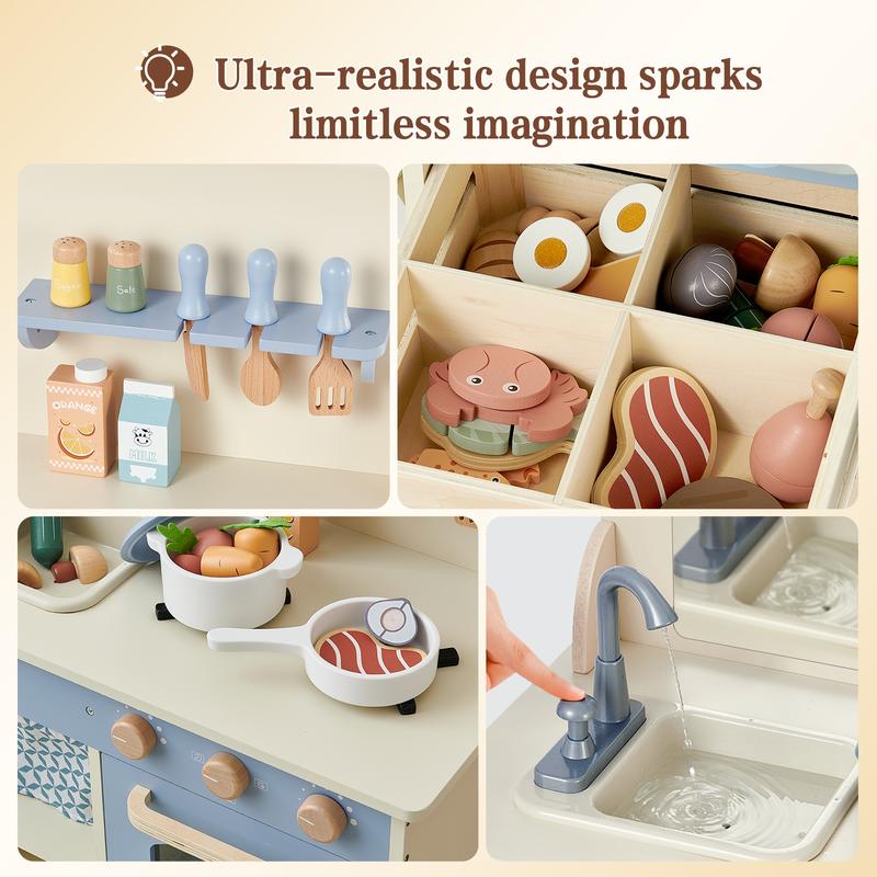 Joylike Wooden Cutey Play Kitchen Toys for Kids, With wooden kitchen utensils