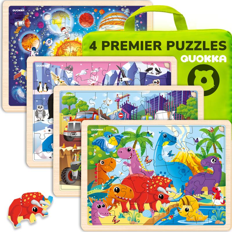 QUOKKA 4 Set Wooden Puzzles for Toddlers | Animals, Vehicles & Space