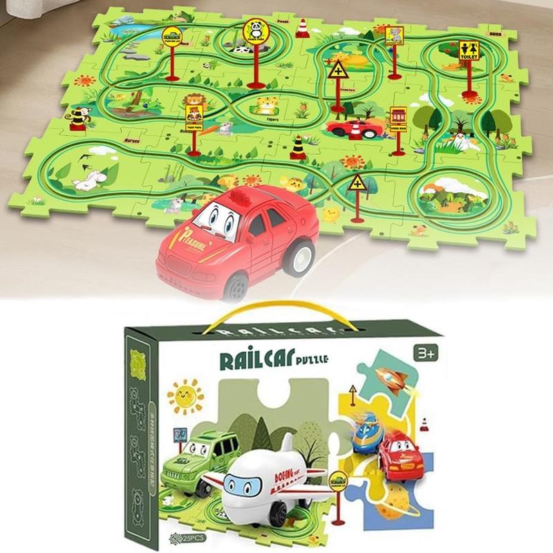 Puzzle Race Track Car Set Toys, DIY Assembling Electric Trolley，Puzzle Tracks Car Toys for Boys, Birthday Gifts