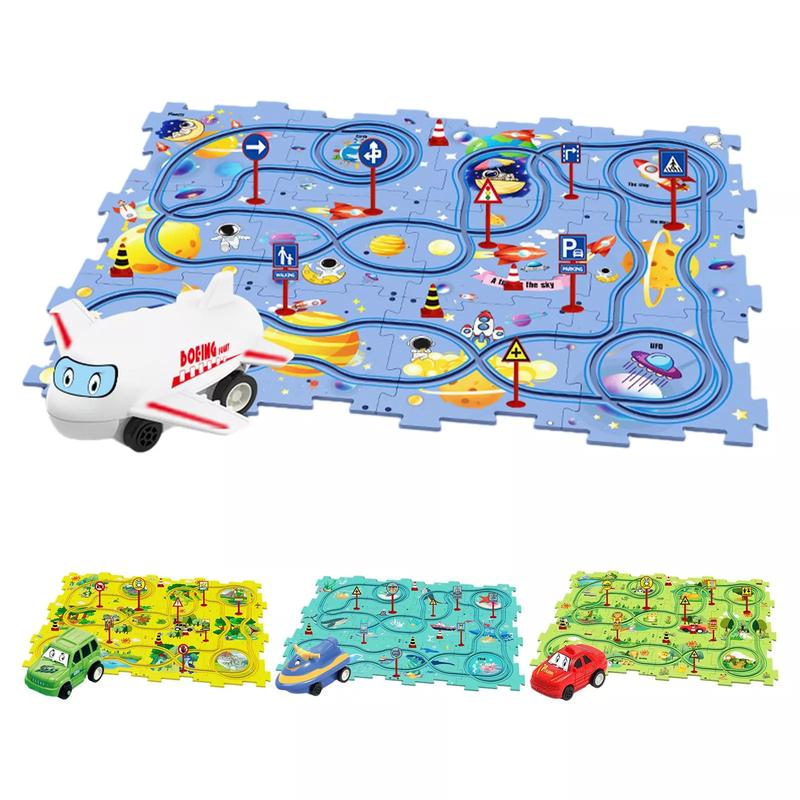 Puzzle Race Track Car Set Toys, DIY Assembling Electric Trolley，Puzzle Tracks Car Toys for Boys, Birthday Gifts