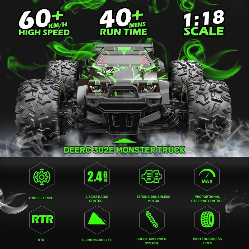 DEERC Brushless 302E RC Cars, Upgraded 60KM H High Speed Remote Control Car, 4WD 1:18 Scale All Terrain Off Road Monster Truck with DIY Extra Shell, 2 Battery 40 Min Car Toy