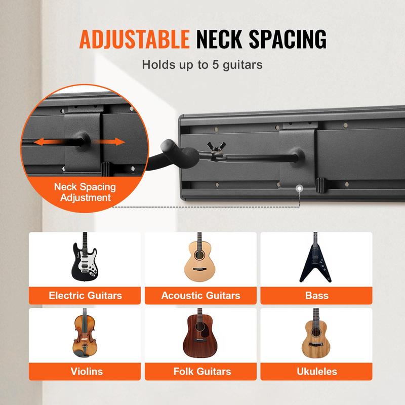 VEVOR 5-Space Guitar Stand, Hold Up to 5 Guitars, Wall-Mounted Multiple Guitars Display Foldable Rack with 270° Rotatable Hooks Aluminum Panels Installation Handle, for Guitar Acoustic Electric Bass