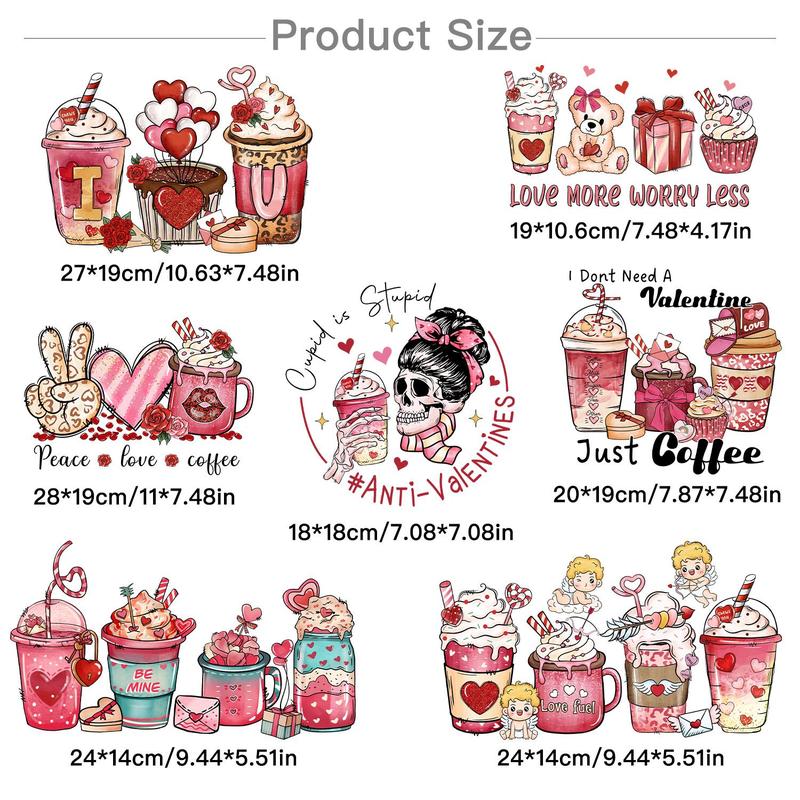 Valentine's Day Themed Coffee Cup Pattern Embossing Sticker, 7 Counts set DIY Heat Transfer Sticker, DIY Decorative Sticker for T-shirt, Jeans, Backpack, Hat, Christmas Gift